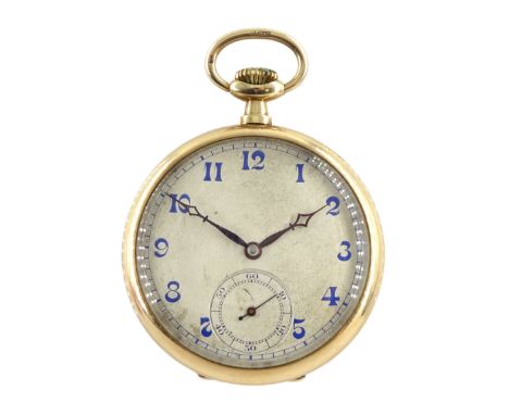 Early 20th century Swiss 9ct gold open face, keyless slimline pocket watch, Poinçon de Maître hammer head, No.115, blue Arabi