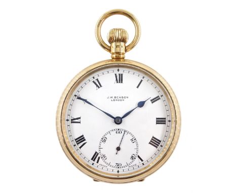 9ct gold open face keyless, 15 jewels pocket watch by J W Benson, London, white enamel dial with Roman numerals and subsidiar