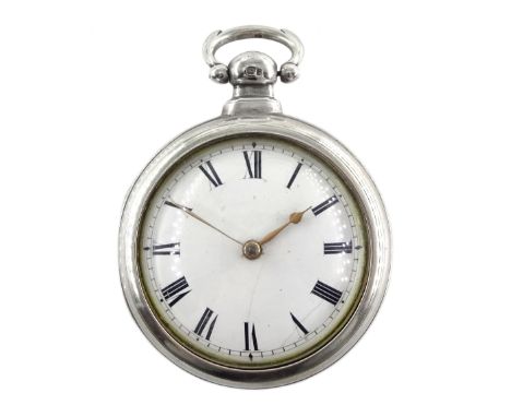 William IV silver pair cased verge fusee pocket watch by W. Gresham, Lincoln, No. 39087, round pillars, engraved and pierced 
