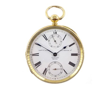 18ct gold open face English lever fusee 'up & down' pocket watch by Robert McInnes, Glasgow, No. 18571, table roller lever es