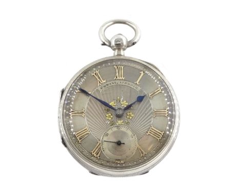 Victorian silver open face English lever fusee pocket watch by Cowans, Airdrie, No. 18235, balance cock with engraved flower 