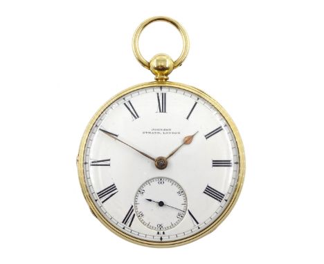 Victorian 18ct gold open face duplex fusee pocket watch by William Johnson, Strand London, No. 7681, white enamel dial with R