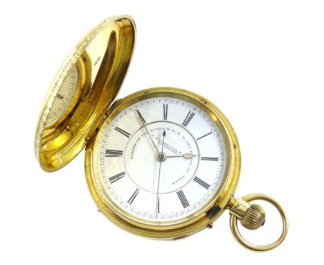 Victorian 18ct gold full hunter, keyless English lever chronograph pocket watch by J. Hargreaves & Co, Liverpool, 'Makers to 