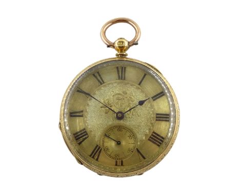 Swiss 18ct gold open face key wound lever ladies pocket watch, No. 21040, gilt dial with Roman numerals and subsidiary second