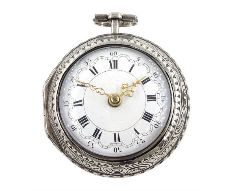 George III silver repousse pair cased verge fusee pocket watch by Tarts, London, No. 2458, square baluster pillars, pierced a