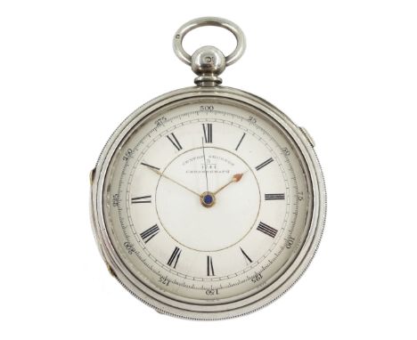 Victorian silver centre seconds key wound chronograph pocket watch No. 31741, white enamel dial with Roman numerals, outer se
