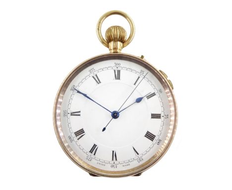 9ct gold open face keyless Swiss lever chronograph pocket watch, white enamel dial with Roman numerals, outer seconds track n