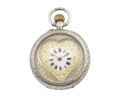 Early 20th century Swiss silver open face keyless cylinder heart shaped fob watch, white enamel dial with gold decoration, en