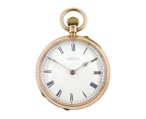 Edwardian 9ct rose gold open face, ladies keyless lever pocket watch by Marsh & Co, Birmingham, no. 1451, white enamel dial w