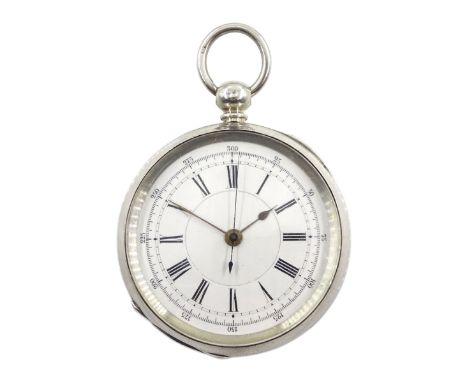 Victorian silver open face face key wound chronograph pocket watch by A. Lockhart, Whitehaven, No. 58660, white enamel dial w