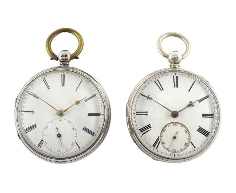 Two silver open face English lever fusee pocket watches, one numbered 14530, engraved balance cocks with diamond endstones, w