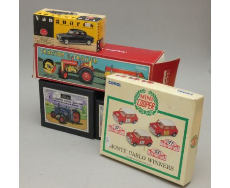 A Schyling tinplate windup tractor &amp; trailer (boxed) together with a Corgi model boxed set Mini Cooper 'Monte Carlo Winne