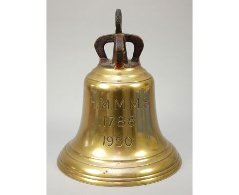 A brass ship's bell, height 34cm, lacking clanger, stamped broad arrow, HMMMS, 1788, 1950. H.M.M.M.S. stands for His Majestie