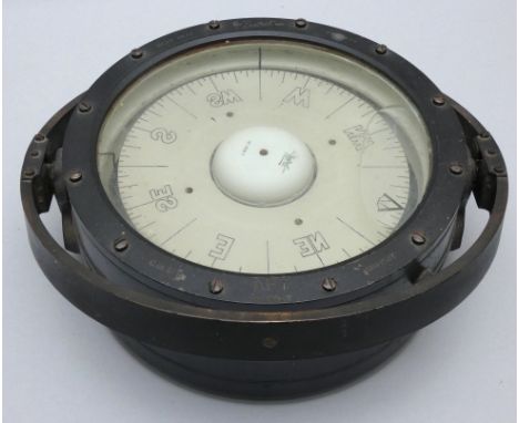 A Sestral 8 1/2" brass compass, by C. Olsen, Grimsby, number 2809T, removed from a decommissioned trawler.Chris Olsens was re