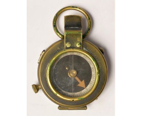A WWI British brass compass, by F-L, number 92042, dated 1917, leather case, inscribed F. Houghton, M.G.C. 