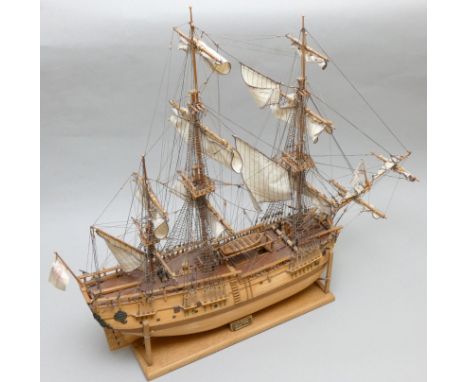 HM Bark Endeavour, static display model, 1:64 scale, plank on frame construction, with sails, 72 x 69cm. 