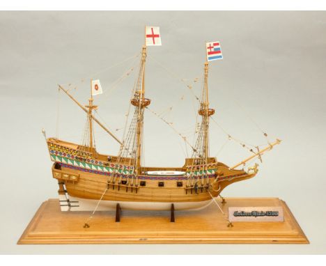 Golden Hind static display model, 1:53 scale, ayous wood, with painted decoration, plank on frame construction, case and plan