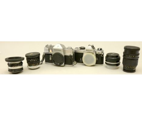 A Nikkorex F 35mm camera (357846), together with a Nikon FM 35mm camera (3436486), including four lens, Nikkor 50mm F1.8, Nik