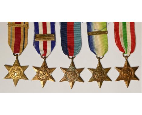 WWII, 5 x Stars, Atlantic with Air Crew Europe bar, Italy, Africa with 8th Army bar, France and Germany with Atlantic and 6th
