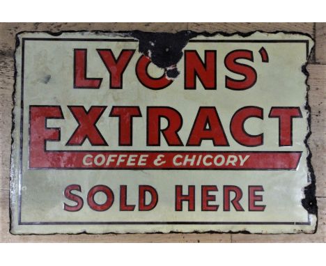 Lyon's Extract, coffee chicory, sold here, a double sided, vitreous enamel advertising sign, 31 x 45cm.