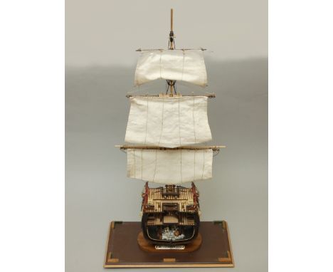 HM Bark Endeavour cross section 1:93 scale, ayous wood with sails and rigging, display case, 79 x 42 x 21cm. 