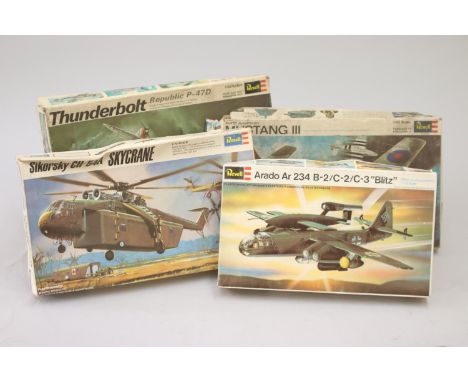 Four Revell aircraft, two 1/72 scale, two 1/32 scale model kits, to include :Sikorsky CH-54A SkycraneArado Ar 234 B-2/C-2/C-3