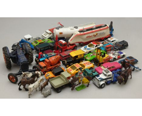 A collection of playworn diecast models, primarily 1970's to include Matchbox Superkings, Lesney, Dinky, Corgi, Chad Valley '