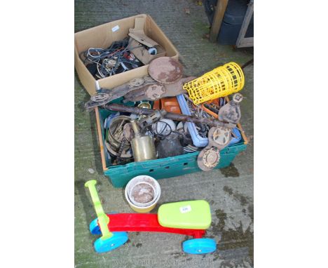 Two boxes of horse brasses, a blow lamp, a child's bike, etc.,