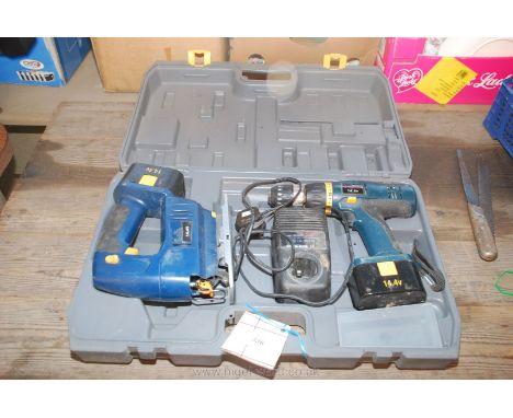 A cased "Ryobi" 14.4 volt re-chargeable Jig-saw &amp; drill set with charger and 2 batteries.