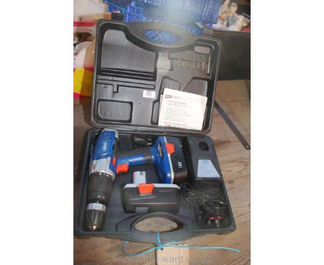 A Boxed "Draper" 18 v battery drill/driver with two batteries.
