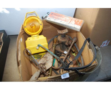 A box of a bill-hook, a trowel, a battery road lantern, a pillar jack, a brass syringe hand-pump, odd hand tools, etc.,