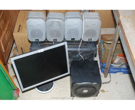 Four "JBL" P.A. type speakers, a Trust speaker and Samsung computer monitor.