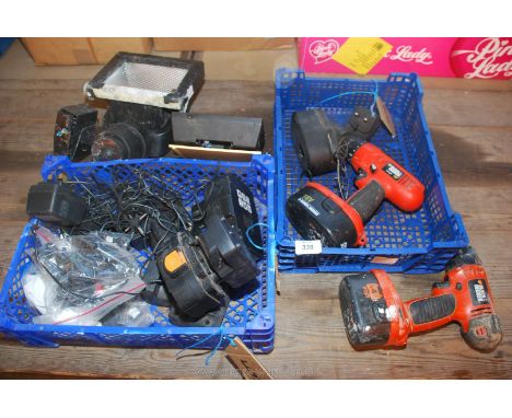 Two "Black &amp; Decker" 14v &amp; 18v Drills, a halogen light, scales, etc.,