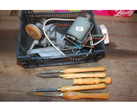 An unusual, but cleverly designed, wood-turning lathe set-up comprising various components for clamping to a work-bench edge 