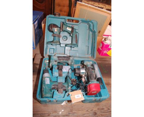 A cased battery drill set (1 battery) with circular saw, driver, sander, jig-saw, torch, etc.,
