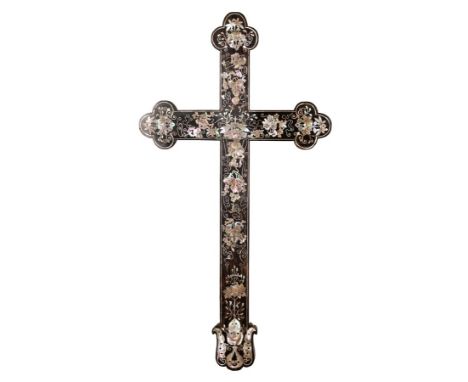 An ebony and abalone inlaid cross, perhaps Portuguese Colonial, 46cm high CONDITION REPORT: The condition is generally good. 