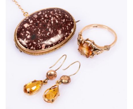 A gem set dress ring, in 9ct gold mount, size N, the matching earrings and an oval hardstone brooch CONDITION REPORT: Conditi