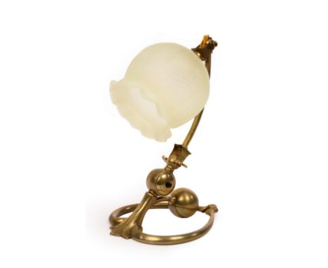 A WAS Benson brass table lamp with Powell glass shade, circa 1900, 28cm high/Provenance: Paul Reeves Ltd/see illustration CON