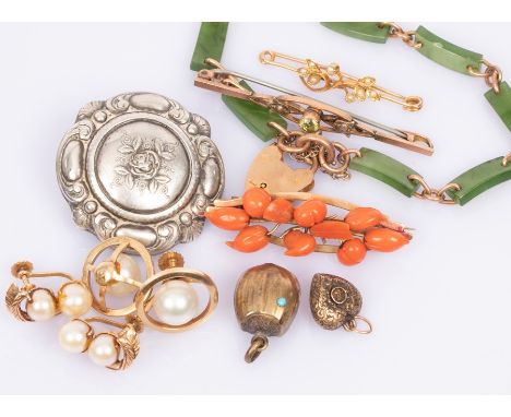 An Edwardian gold and nephrite bracelet, Chester 1903, with heart shape padlock clasp, three bar brooches, a pair of pearl ea