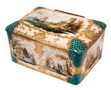 A Sèvres late 18th Century porcelain box with hinged cover, the exterior painted shipping scenes, buildings etc., the interio