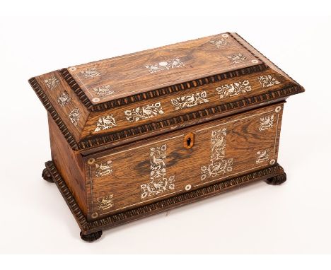 A Regency rosewood sarcophagus tea caddy with knulled borders and inlaid mother-of-pearl decorations, the interior fitted two