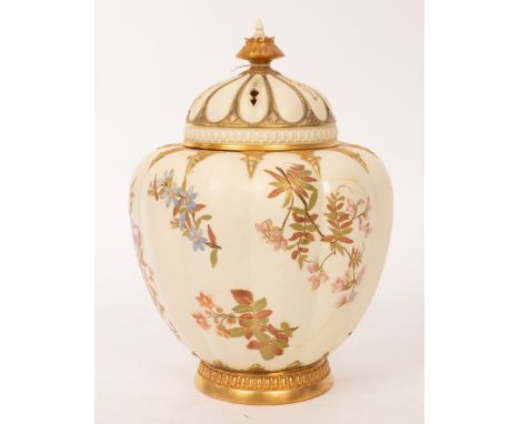 A Royal Worcester blush ivory pot pourri vase, liner and cover, of ribbed form painted flowers, 35.5cm high CONDITION REPORT: