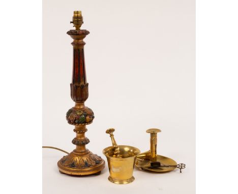 A carved and painted table lamp, a brass chamber candlestick, pestle and mortar and candle snuffers CONDITION REPORT: Conditi