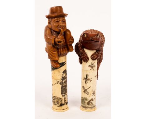 A Japanese carved boxwood and bone scroll holder, the bone cylinder decorated a European smoking a pipe and with dog on a lea