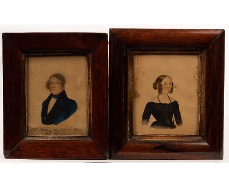 19th Century English School/Portrait Miniatures of George Walters and his Wife/he wearing a blue coat, she wearing a black dr