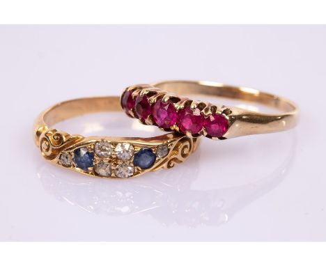 A Victorian sapphire and diamond dress ring, in 18ct gold with scroll shoulders, Chester 1894, size N and a gem set five ston