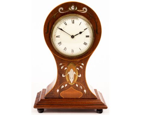 An Art Nouveau mahogany balloon cased eight-day mantle clock, inlaid stylised designs in boxwood, mother-of-pearl and metals,