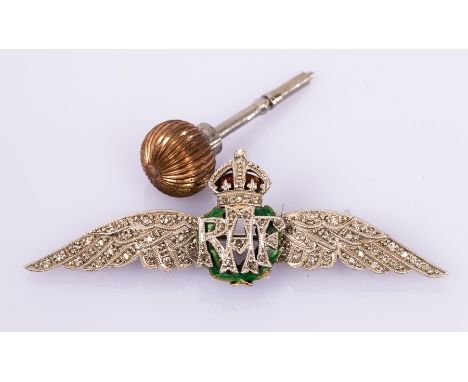 An RAF sweetheart brooch, set throughout with rose cut diamonds, with green and blue enamel highlights, stamped 9ct and PLAT,
