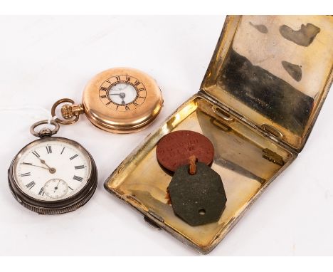 A rolled gold half-hunter pocket watch, the white enamel dial with subsidiary dial at 6 o'clock, case by Dennison, a silver c