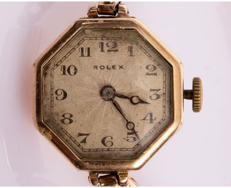 A Rolex manual wind wristwatch, circa 1924, in 9ct gold case, the silvered octagonal dial with Arabic numerals, 15 jewel move